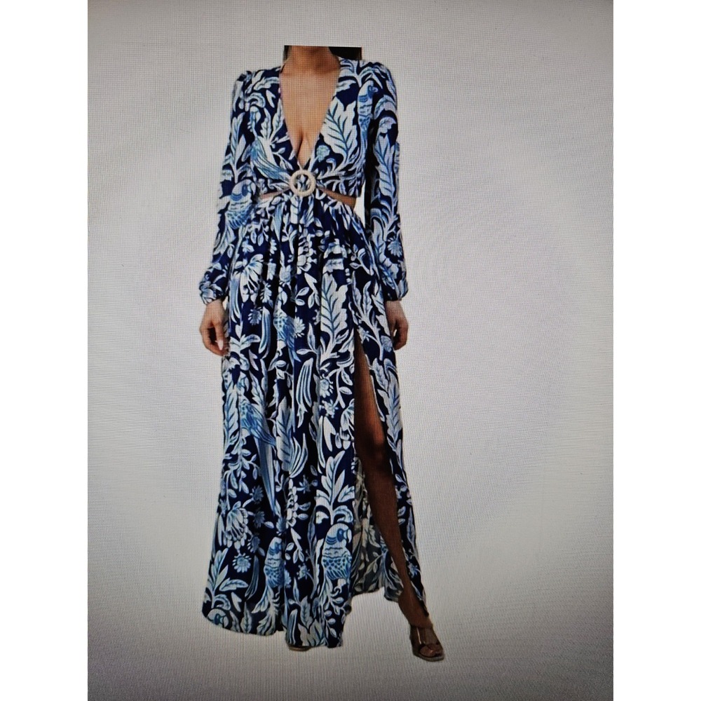 NWT The Sang LS Blue White w/Cut Outs Side Zip Elastic Waist Maxi Dress, Plus 3X